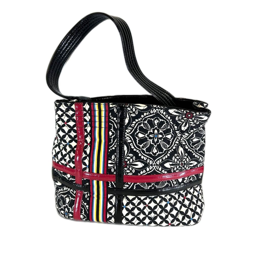 Vera Bradley Black White Quilted Geo Print Red Yellow Ribbon Accent Shoulder Bag
